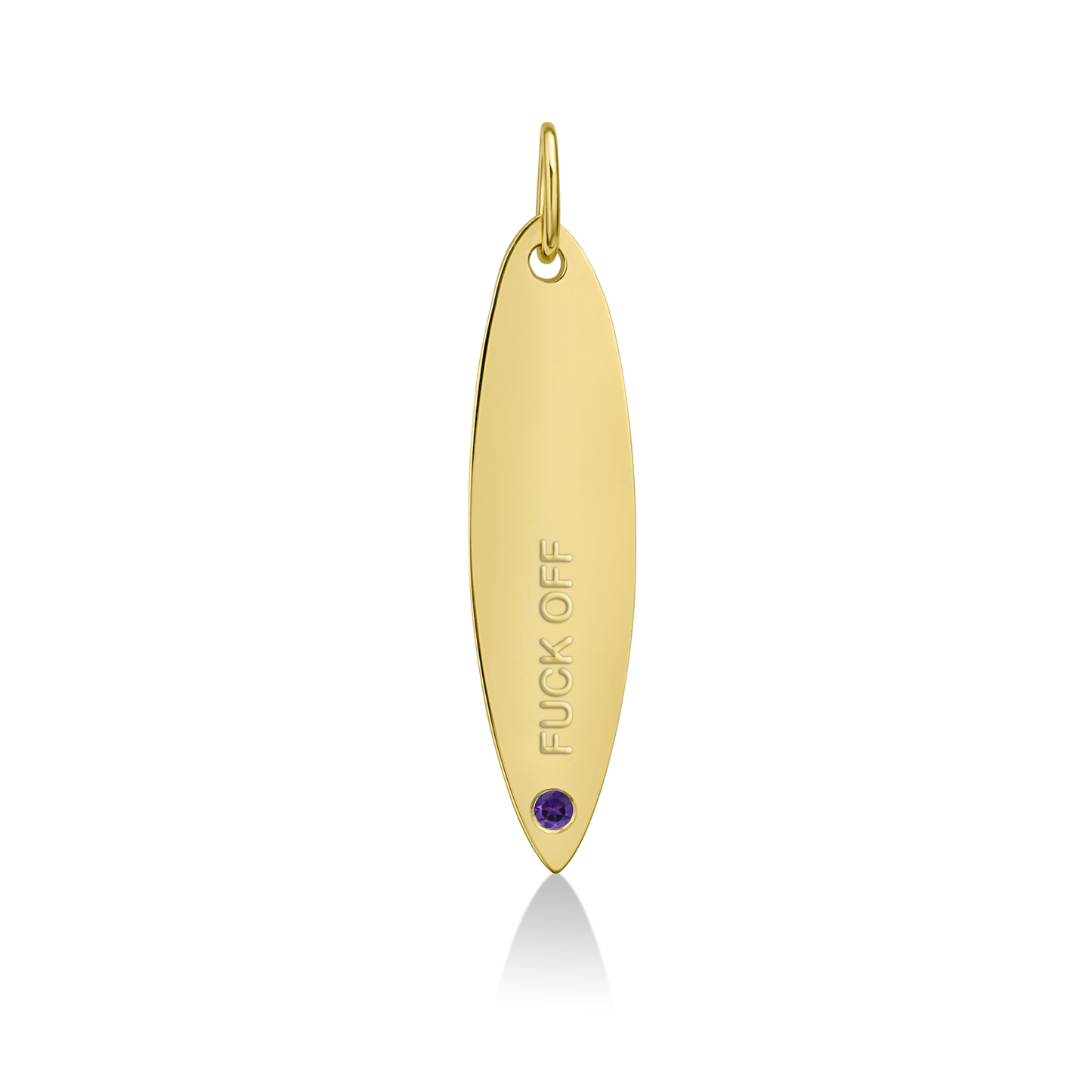 14k gold surfboard charm lock with FUCK OFF engraved and amethyst