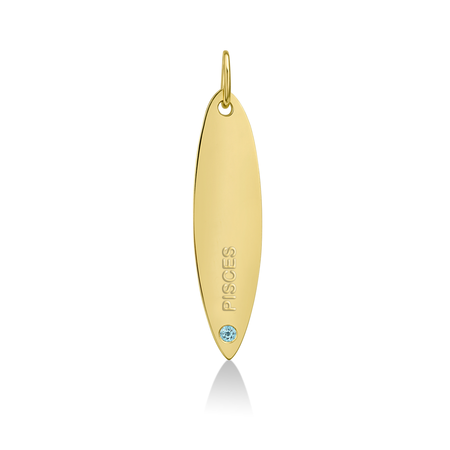 14k gold surfboard charm lock with PISCES engraved and aquamarine