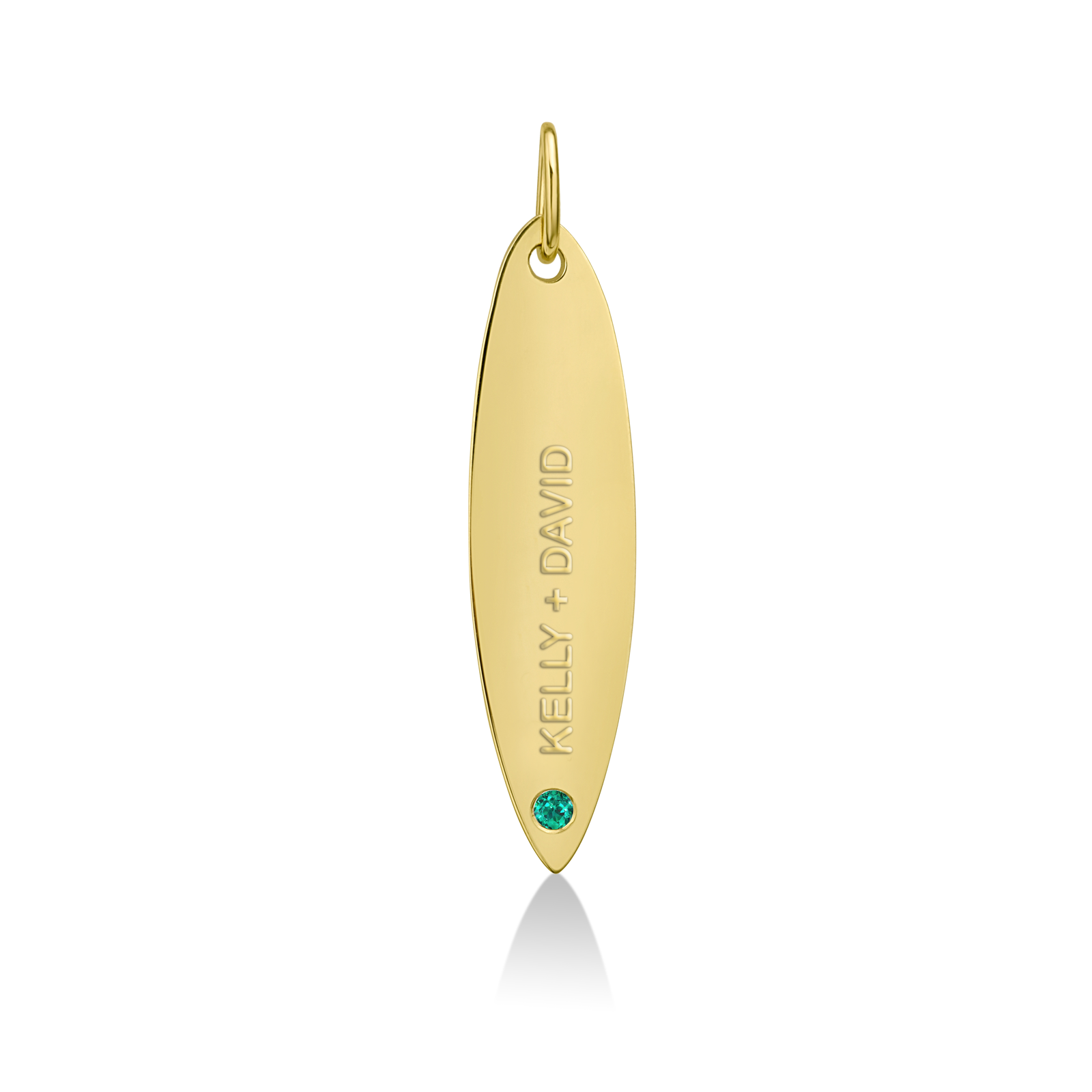 14k gold surfboard charm lock with KELLY + DAVID engraved and emerald