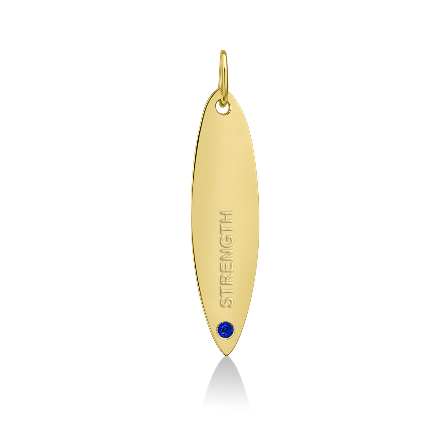 14k gold surfboard charm lock with STRENGTH engraved and sapphire