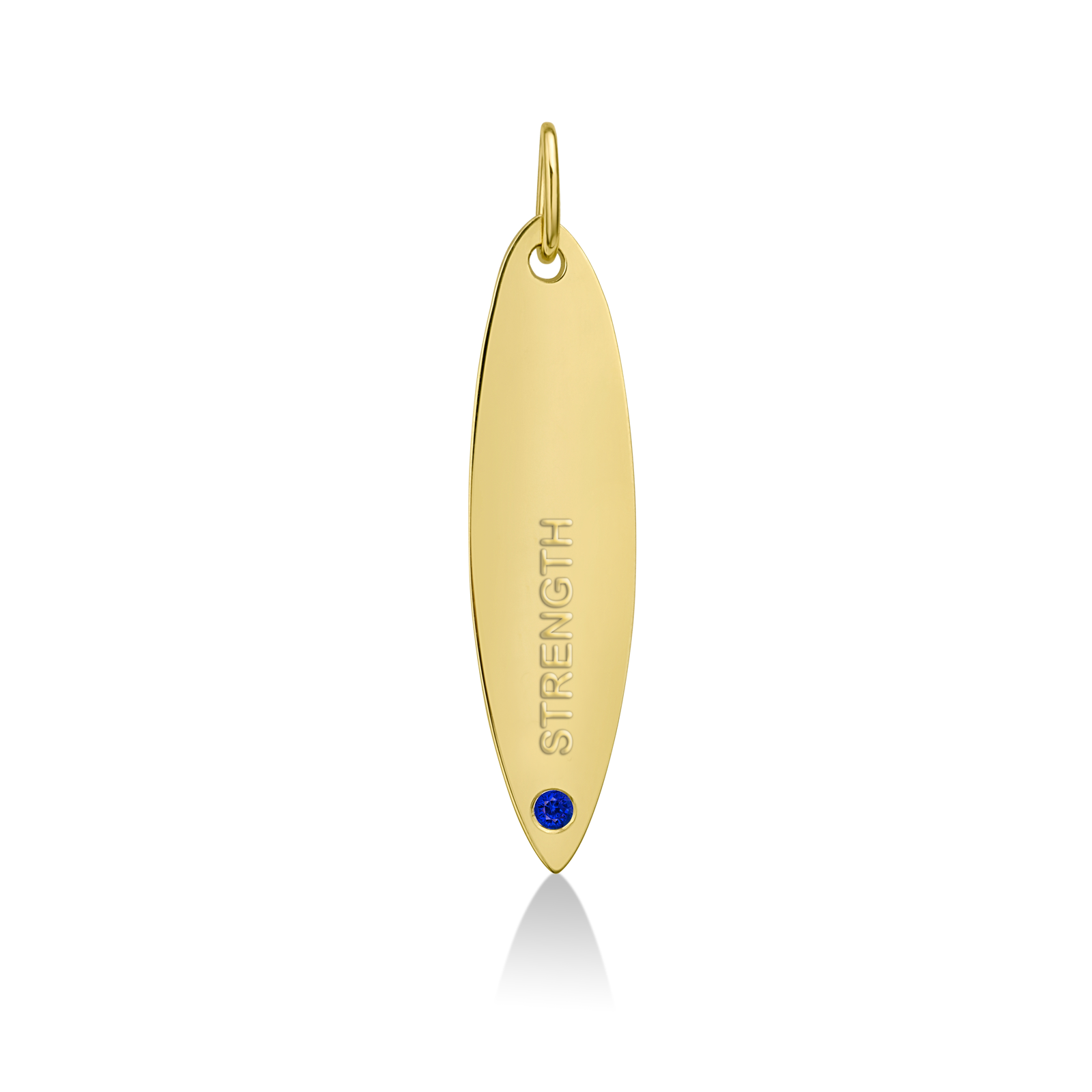 14k gold surfboard charm lock with STRENGTH engraved and sapphire