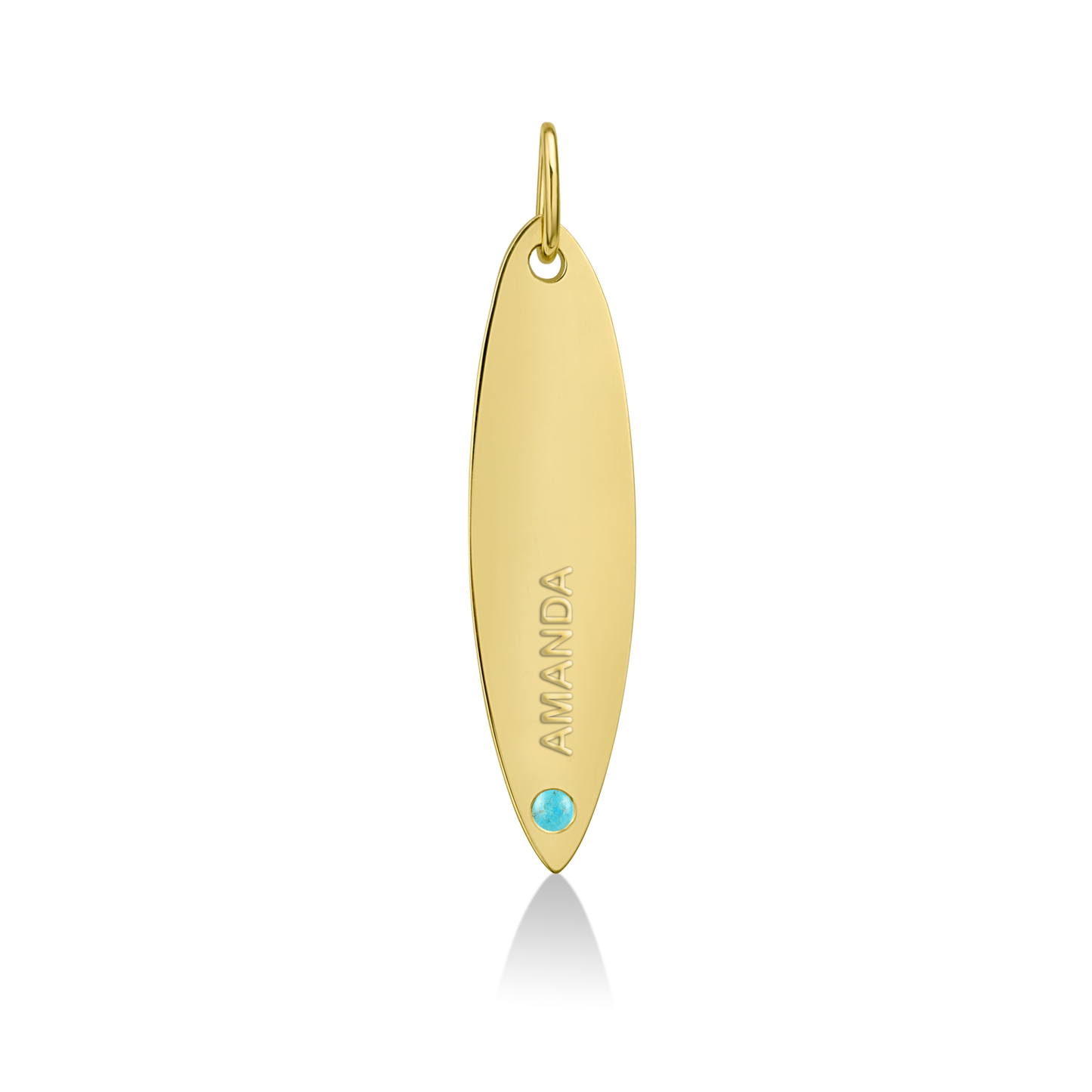 14k gold surfboard charm lock with AMANDA engraved and turquoise