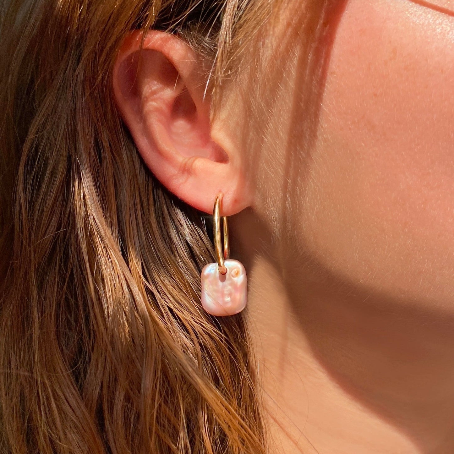 Pink Rectangular Coin Pearl Hoops