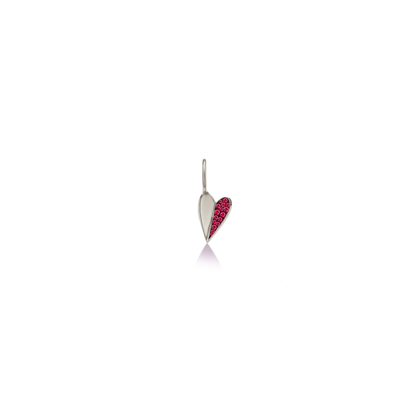 14k white gold small folded heart charm with pave red ruby stones on a blacked right side.