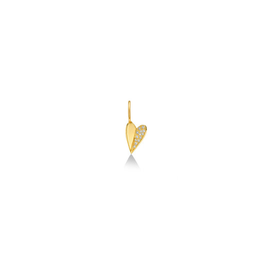 14k yellow gold small folded heart charm with pave diamonds on the right side.