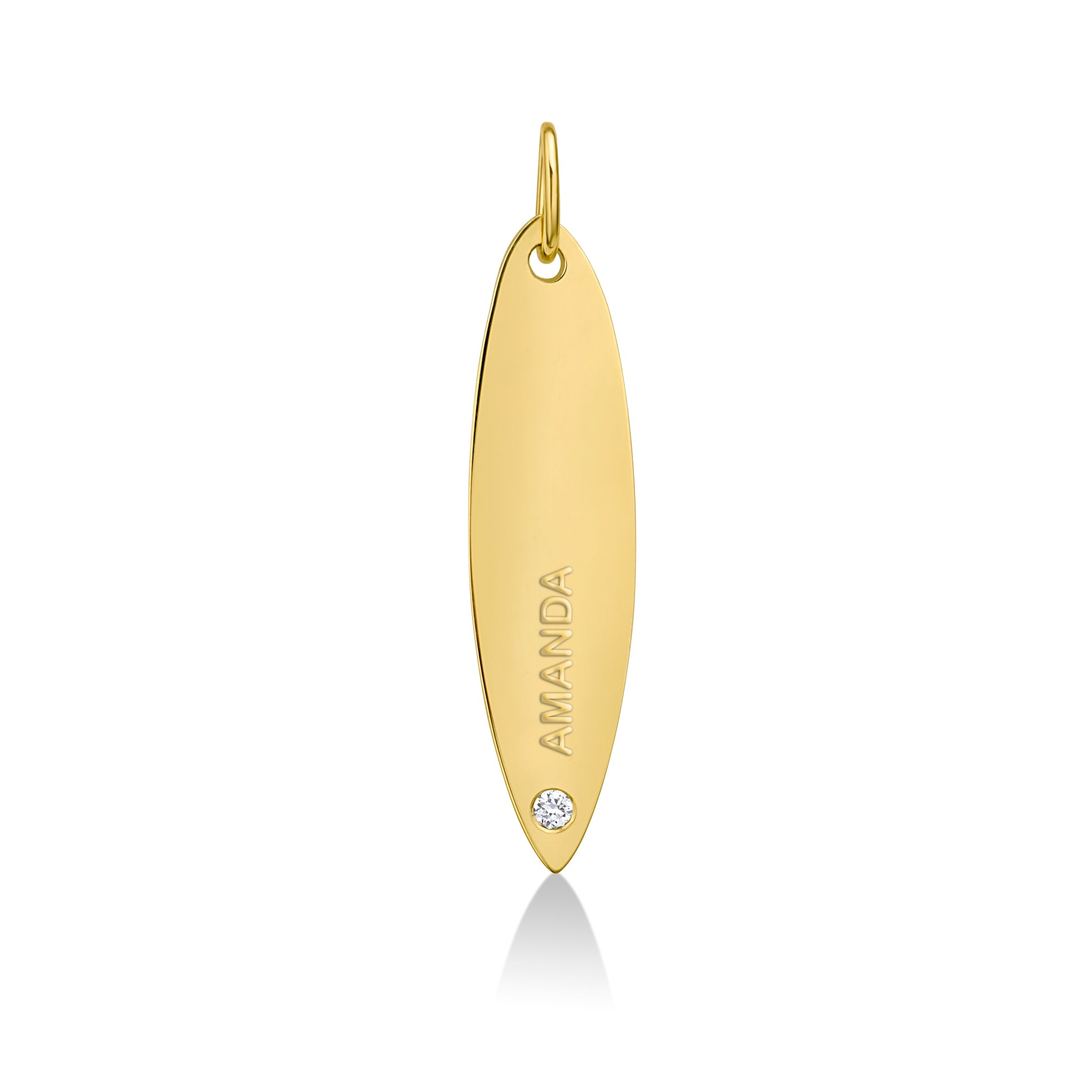 14k gold surfboard charm lock with AMANDA engraved and diamond