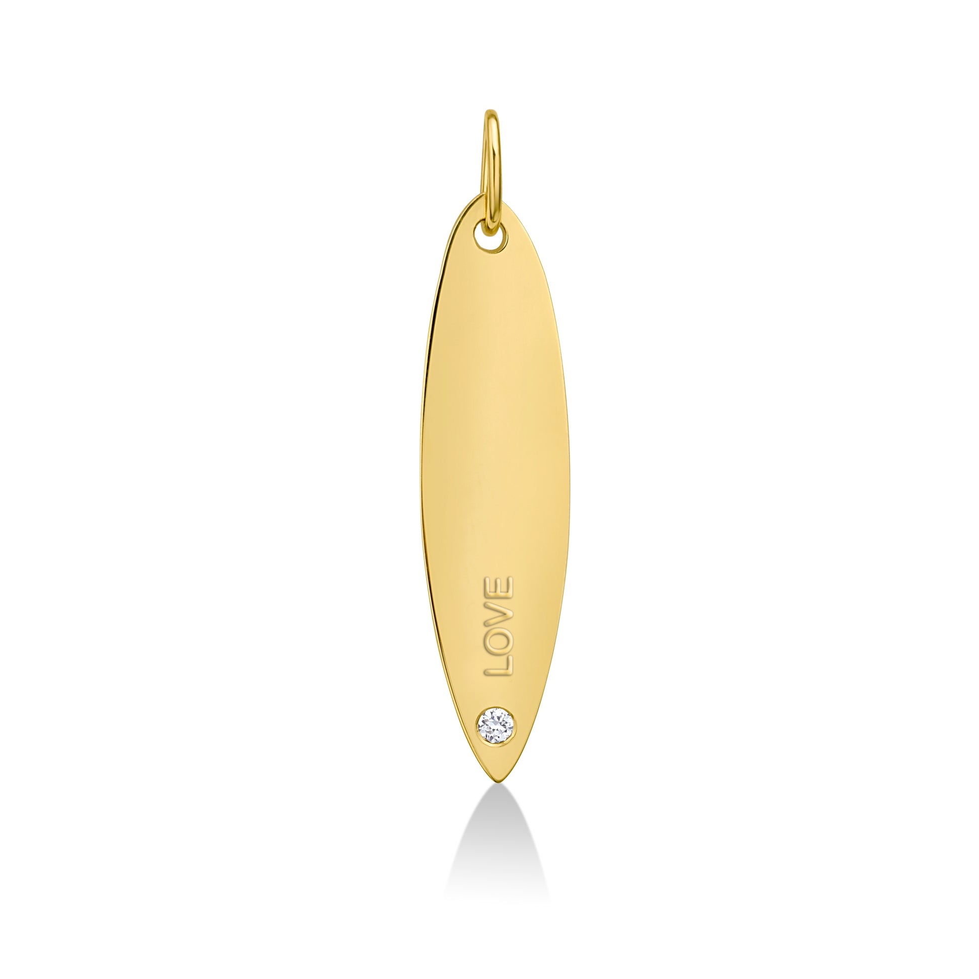 14k gold surfboard charm lock with LOVE engraved and diamond
