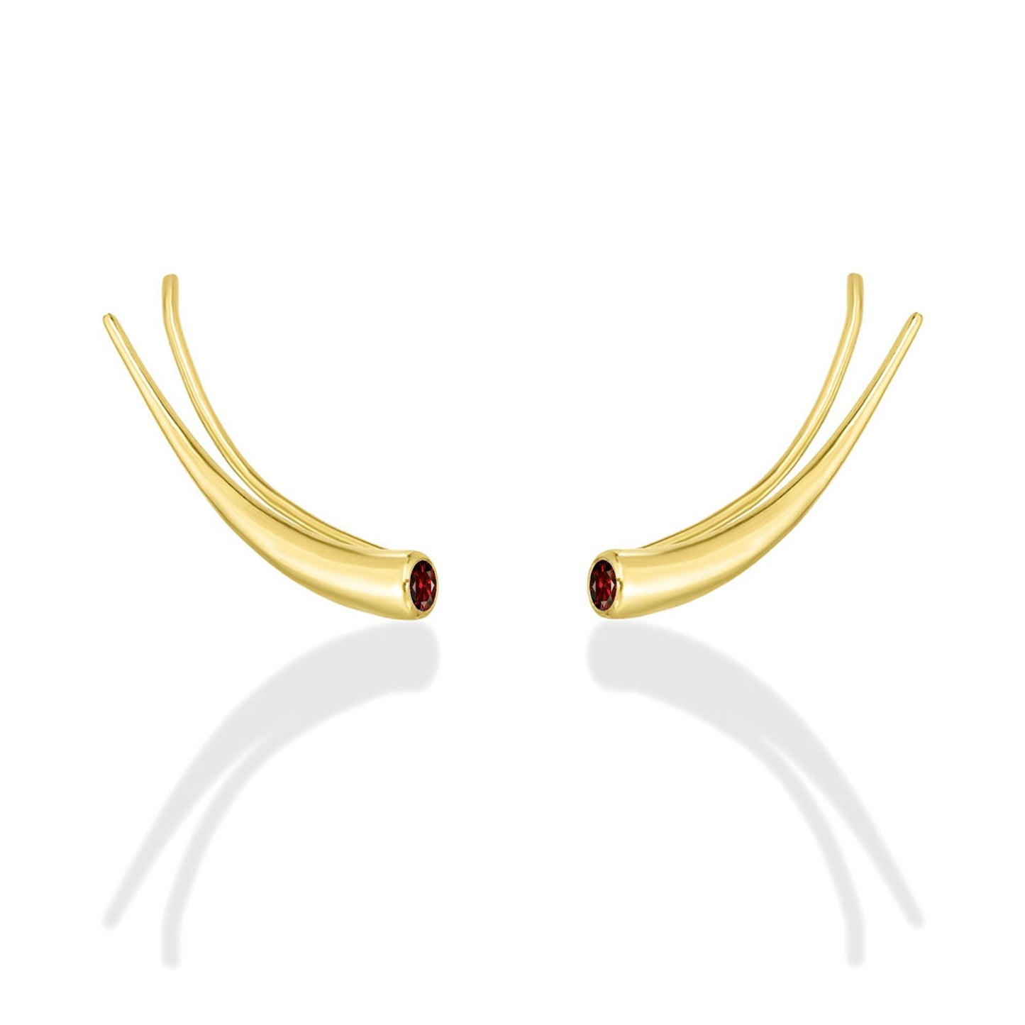 14k gold Curved Quill Climber Earrings with garnet