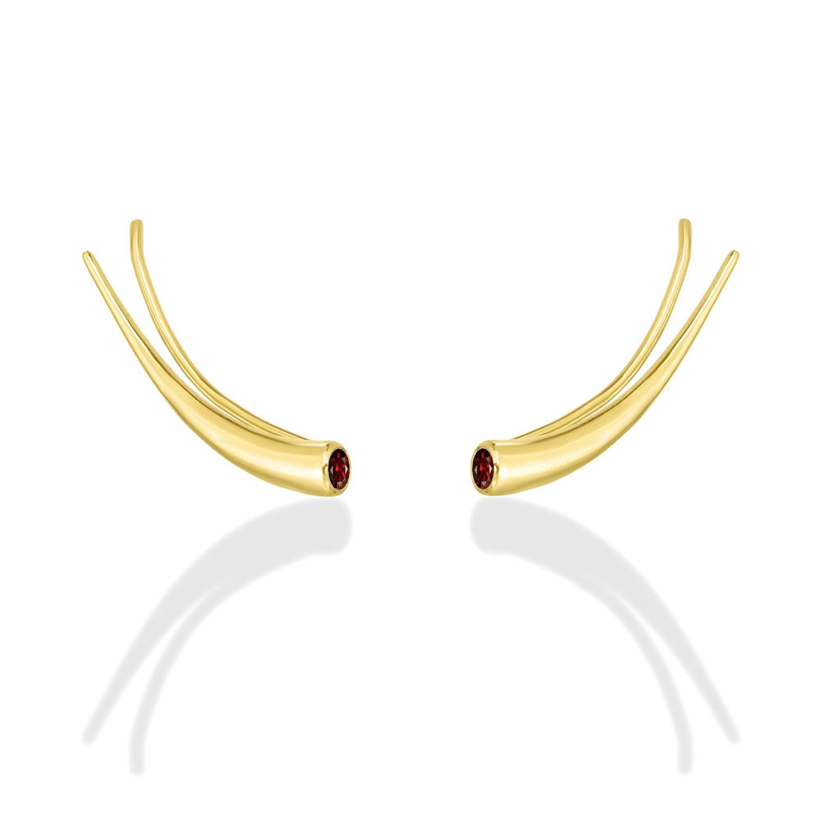 14k gold Curved Quill Climber Earrings with garnet