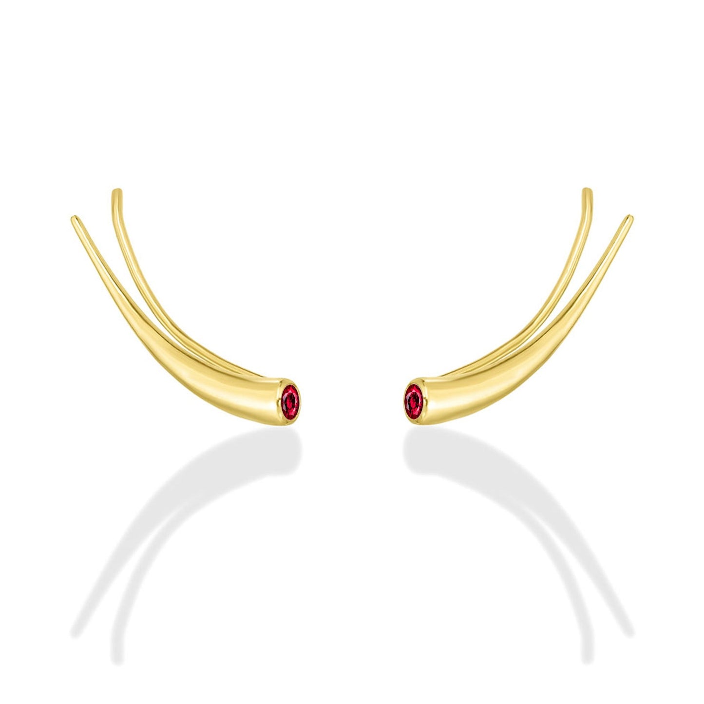 14k gold Curved Quill Climber Earrings with ruby