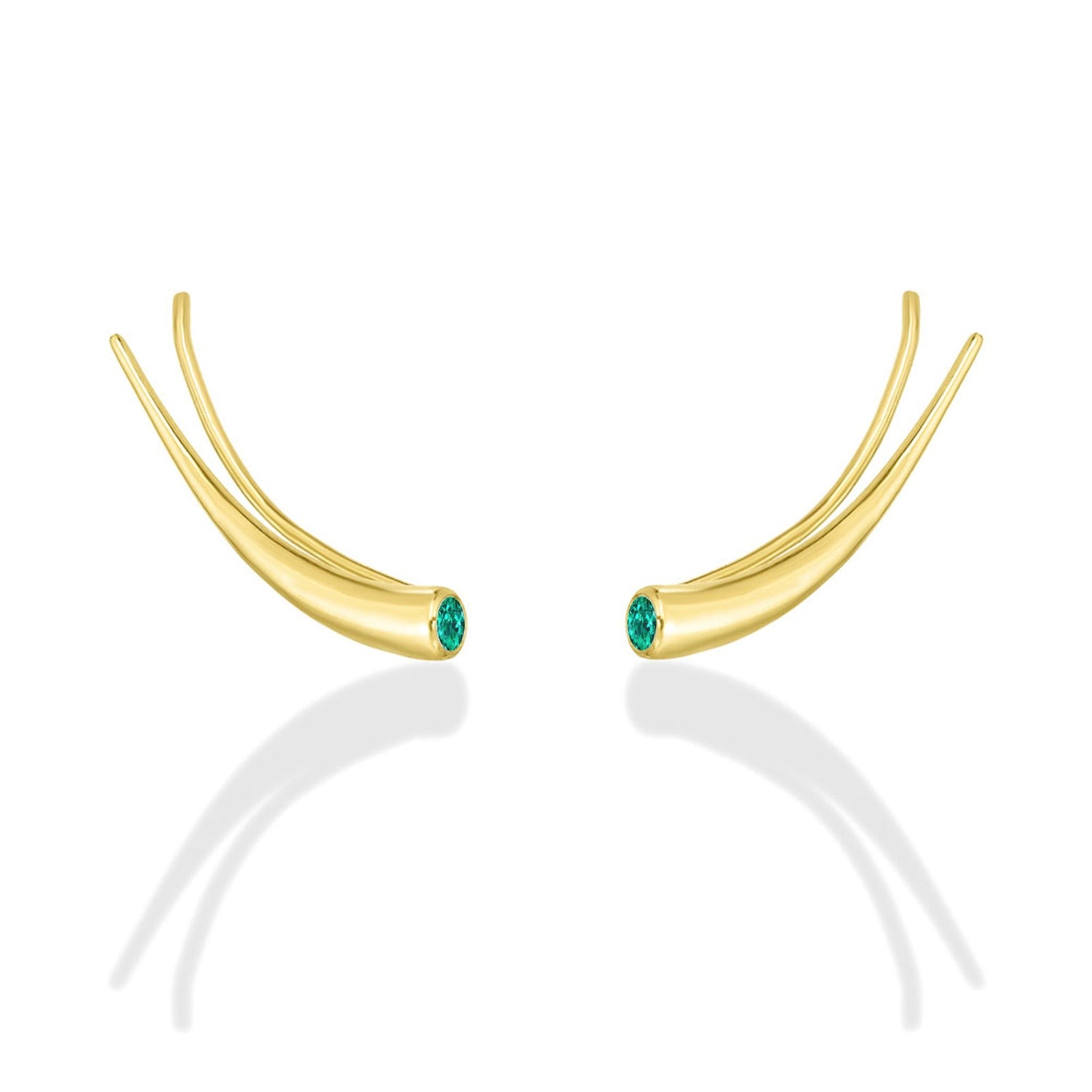 14k gold Curved Quill Climber Earrings with emerald