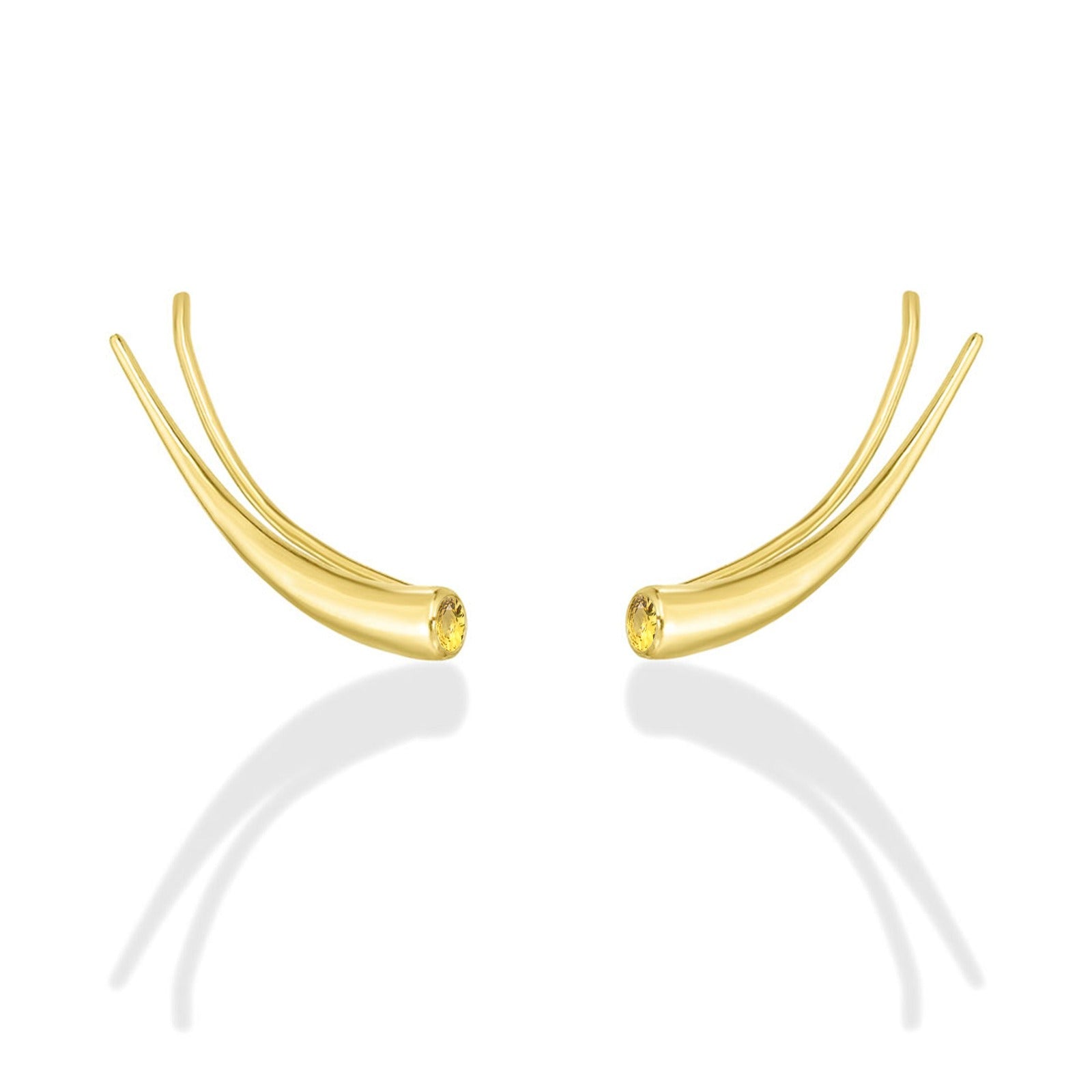 14k gold Curved Quill Climber Earrings with yellow topaz