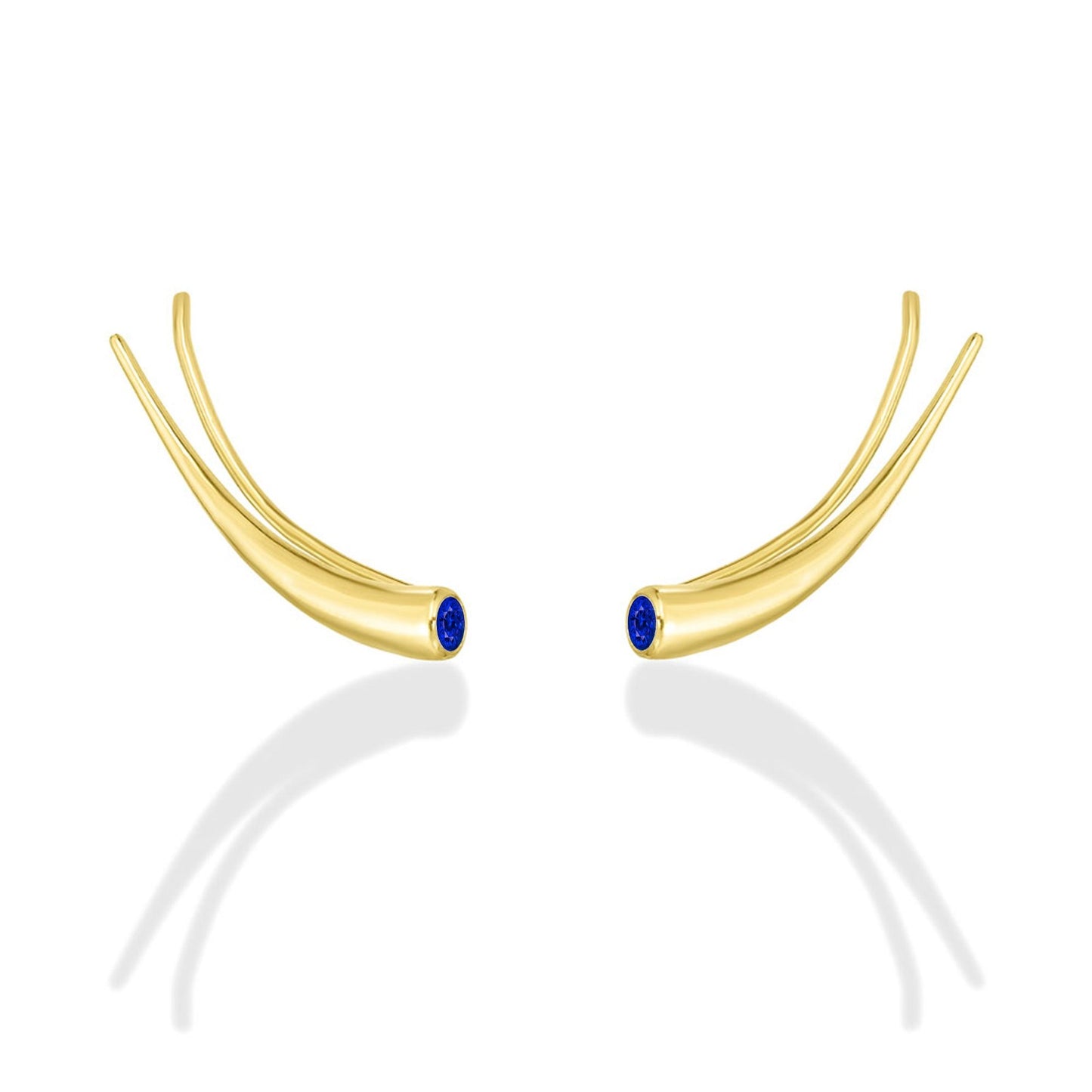 14k gold Curved Quill Climber Earrings with sapphire