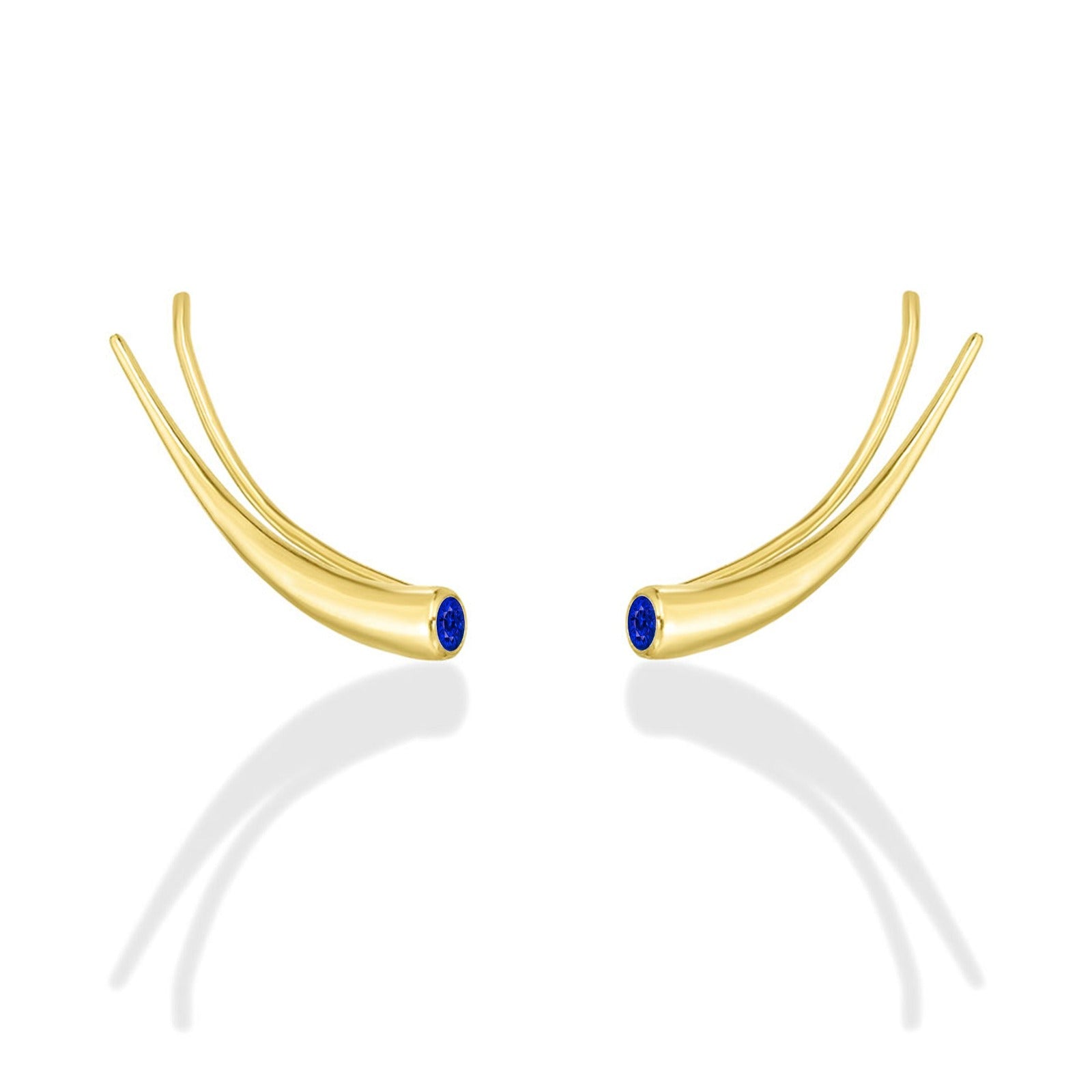 14k gold Curved Quill Climber Earrings with sapphire