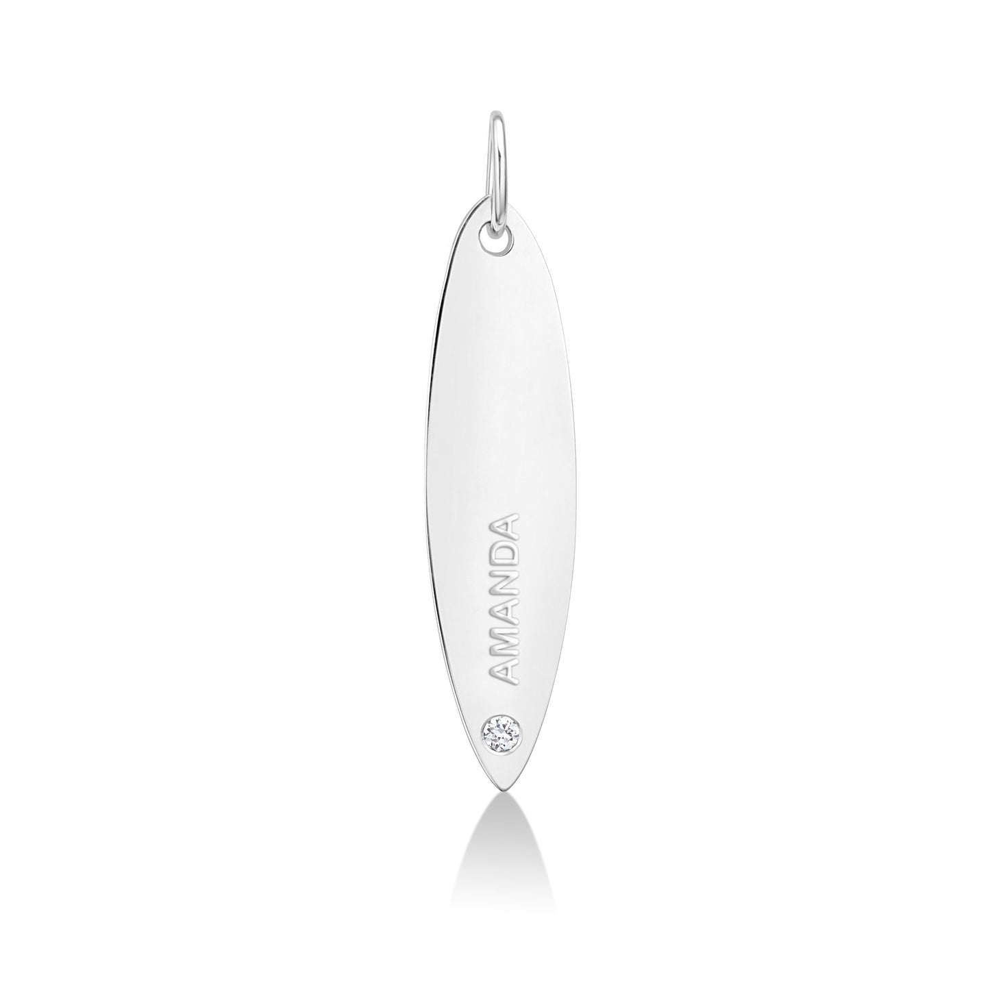 14k white gold surfboard charm lock with AMANDA engraved and diamond