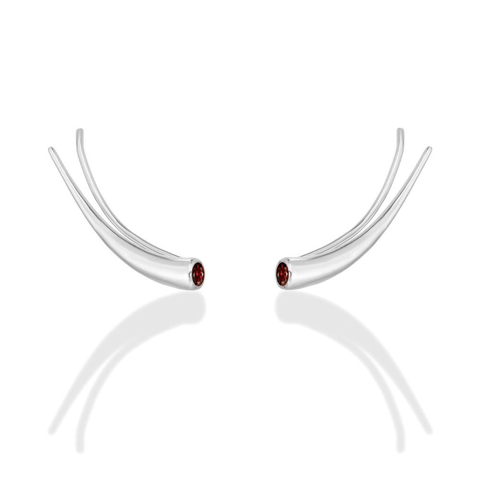 14k white gold Curved Quill Climber Earrings with garnet