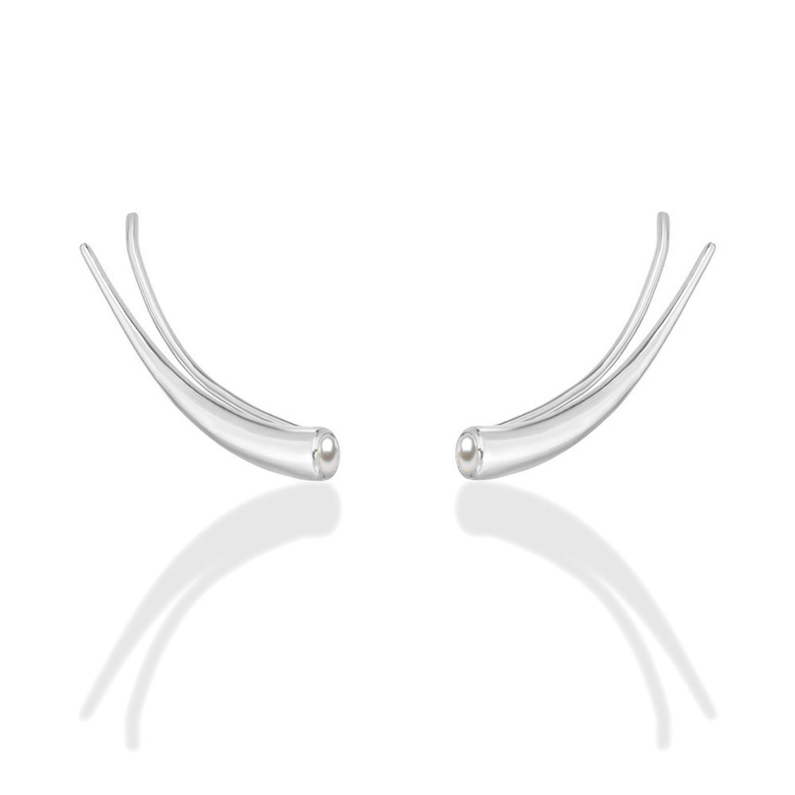 14k white gold Curved Quill Climber Earrings with pearl