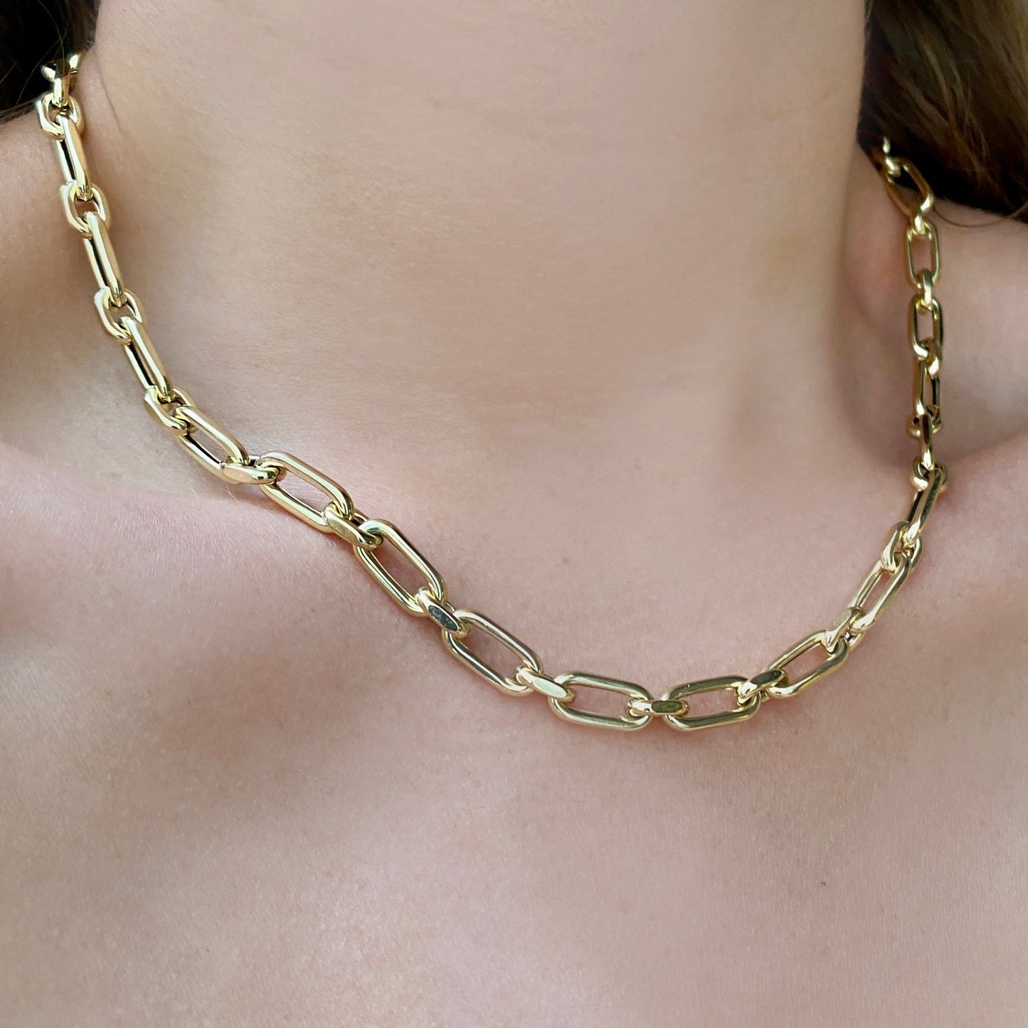 14k gold Diamond Cut Link Chain Necklace styled on a neck