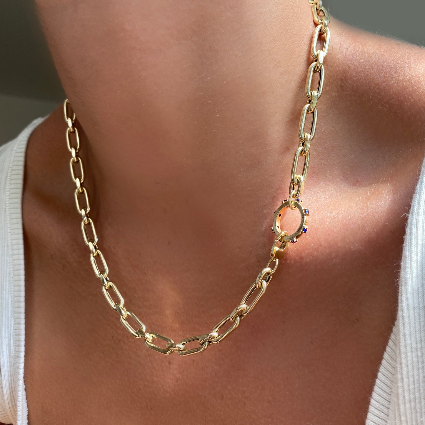 14k gold Diamond Cut Link Chain Necklace styled on a neck