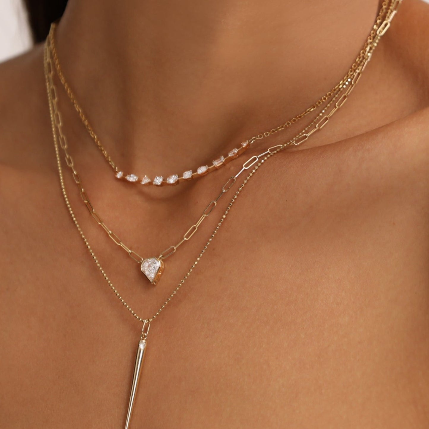 14k gold Diamond Foundry x AP Multi-Diamond Chain Necklace styled on a neck