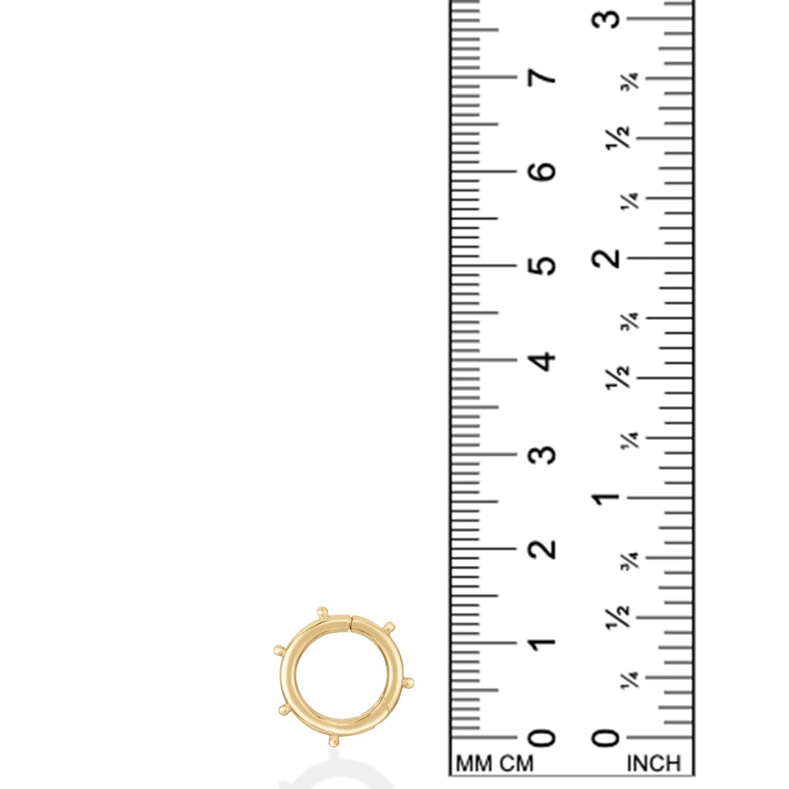 14k recycled yellow gold Beaded Round Charm Lock next to a ruler showing the size 
