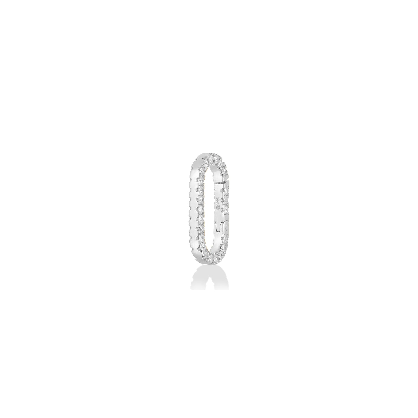 14k white gold oval locking charm with pave diamonds on facades.