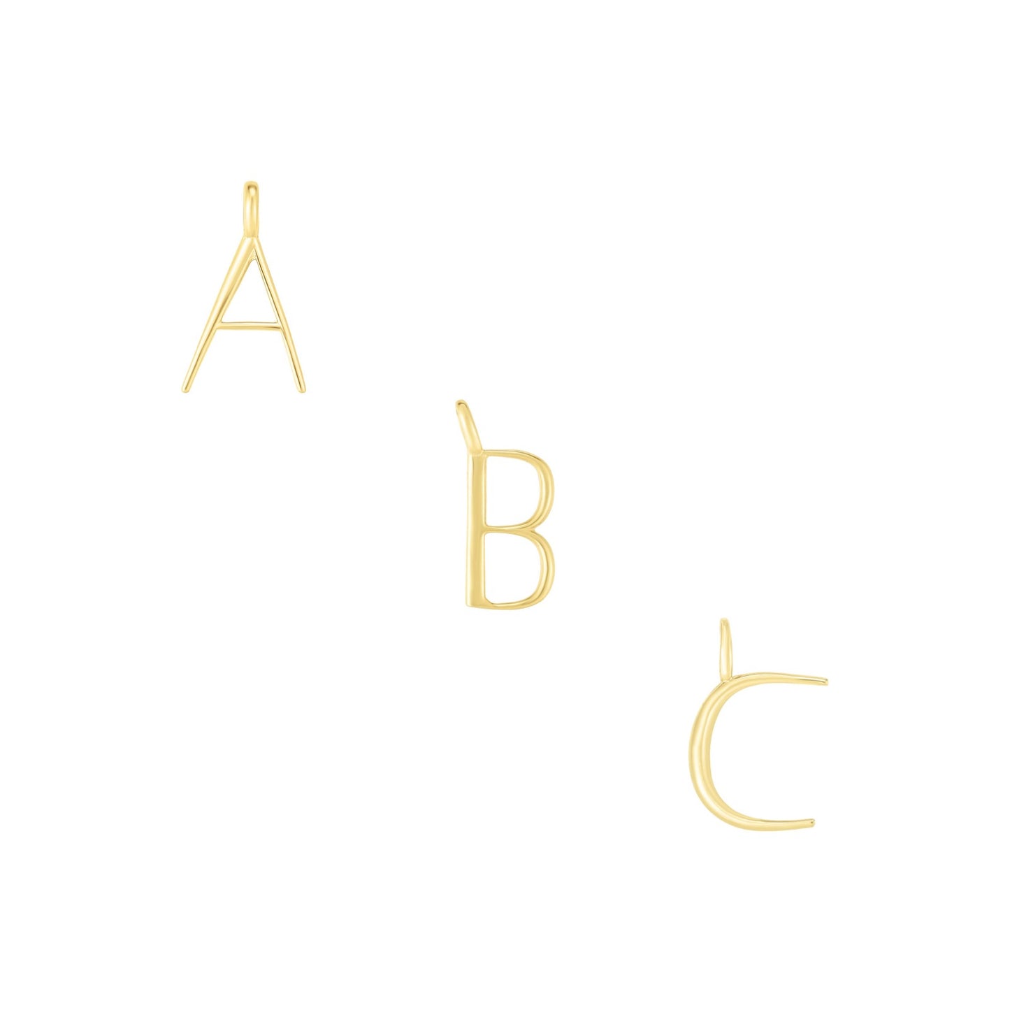 14K yellow gold A, B, and C letter charms.