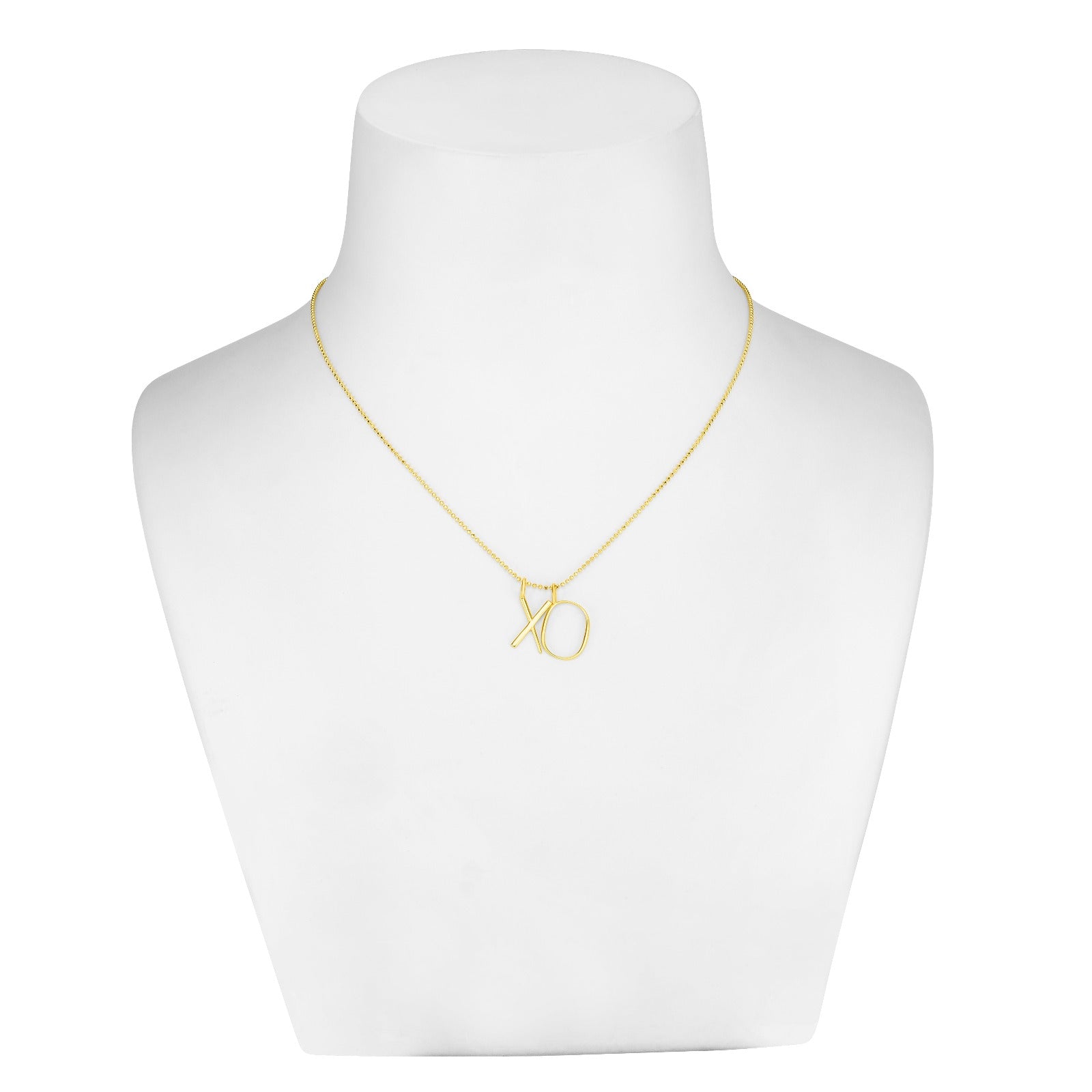 14K yellow gold X and O letter charms styled with the diamond cut bead chain necklace.