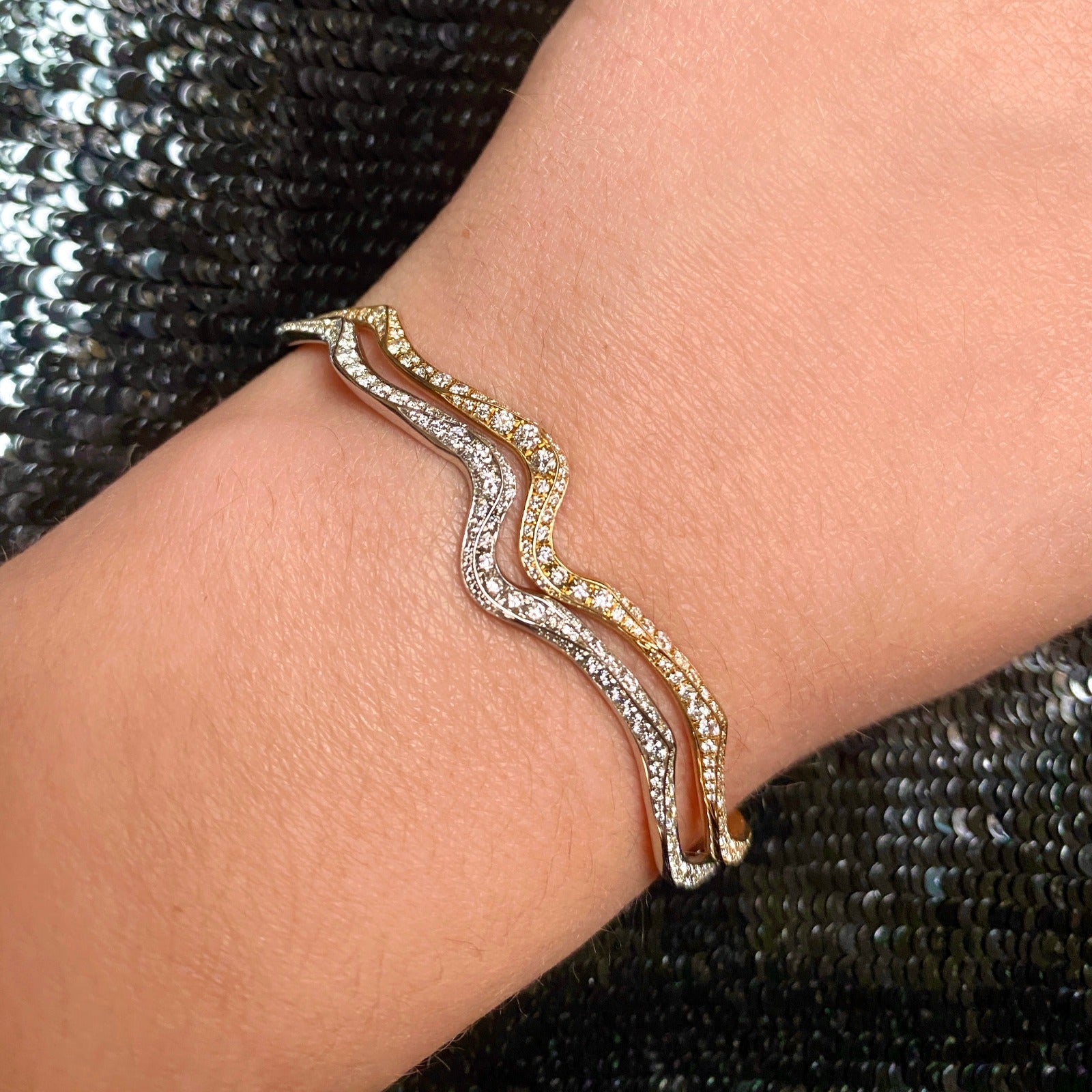 14k gold and white gold Full Pave Ripple Cuff Bracelets