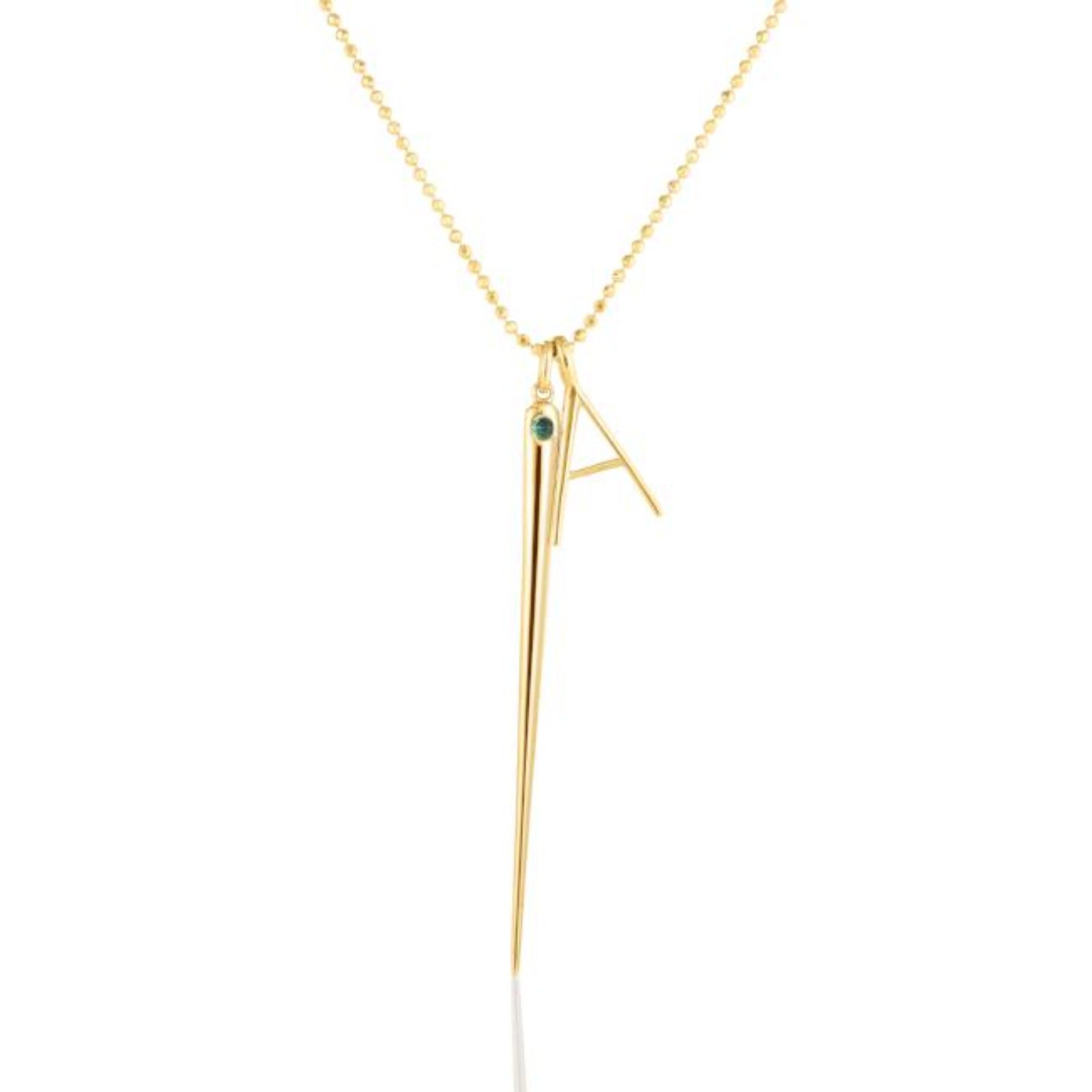14K yellow gold A letter charm styled with the diamond cut bead chain necklace and quill spike charm. 