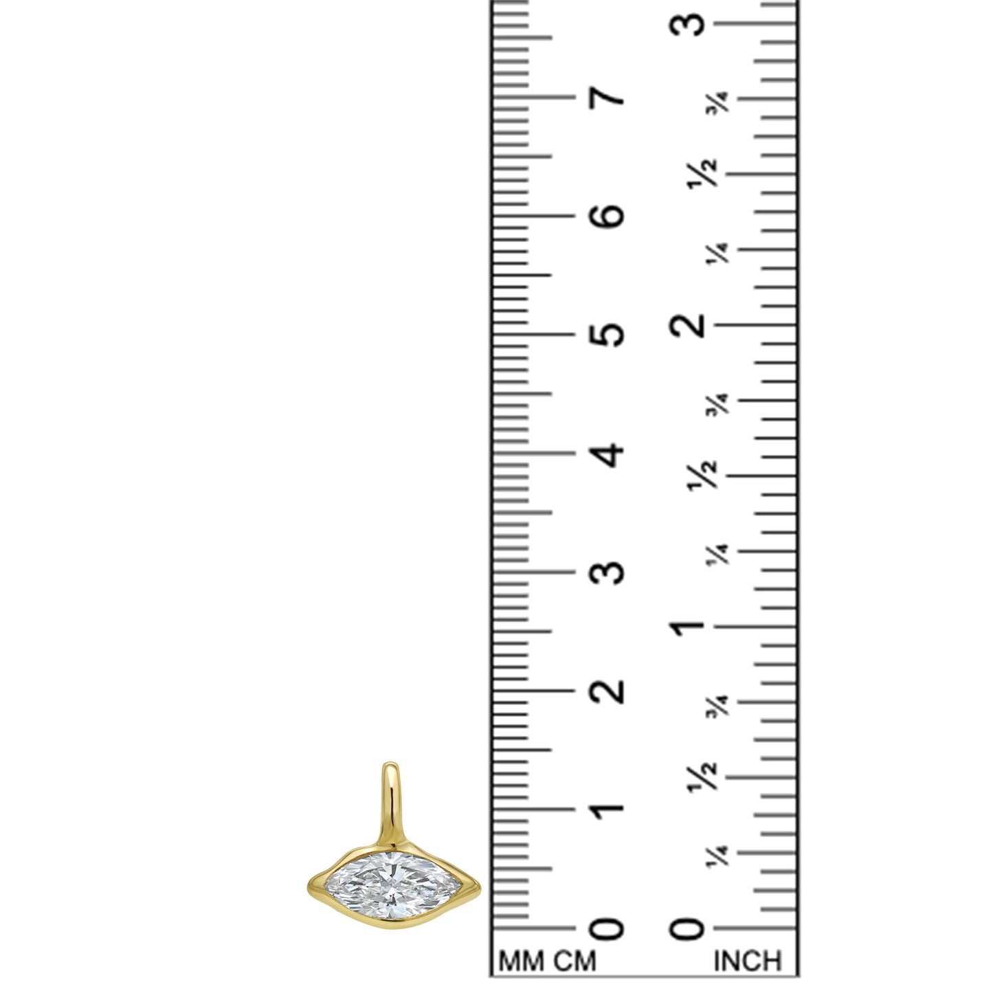 14K Recycled Gold Molten Solitaire Charm in Marquise on a white background measuring 15mm tall