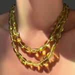 Two AMANDA PEARL Yellow Topaz Nugget Necklaces layered on a model's neck.