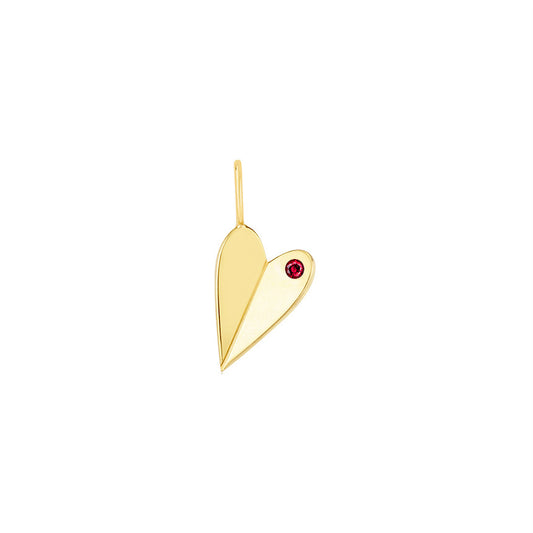 14K Gold Folded Heart Charm with Ruby on white background