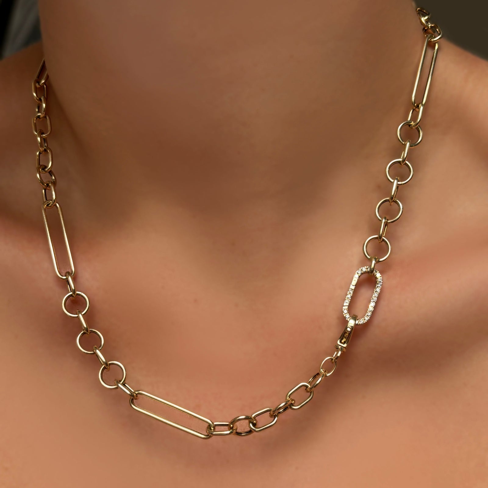8mm Irregular Cable Chain Necklace with Medium Pave Face Charm Lock on a model's neck.