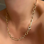 8mm Irregular Cable Chain Necklace with Pave Oval Charm Lock on a model's neck.