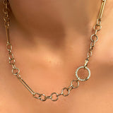 8mm Irregular Cable Chain Necklace with Round Pave Face Charm Lock on a model's neck.