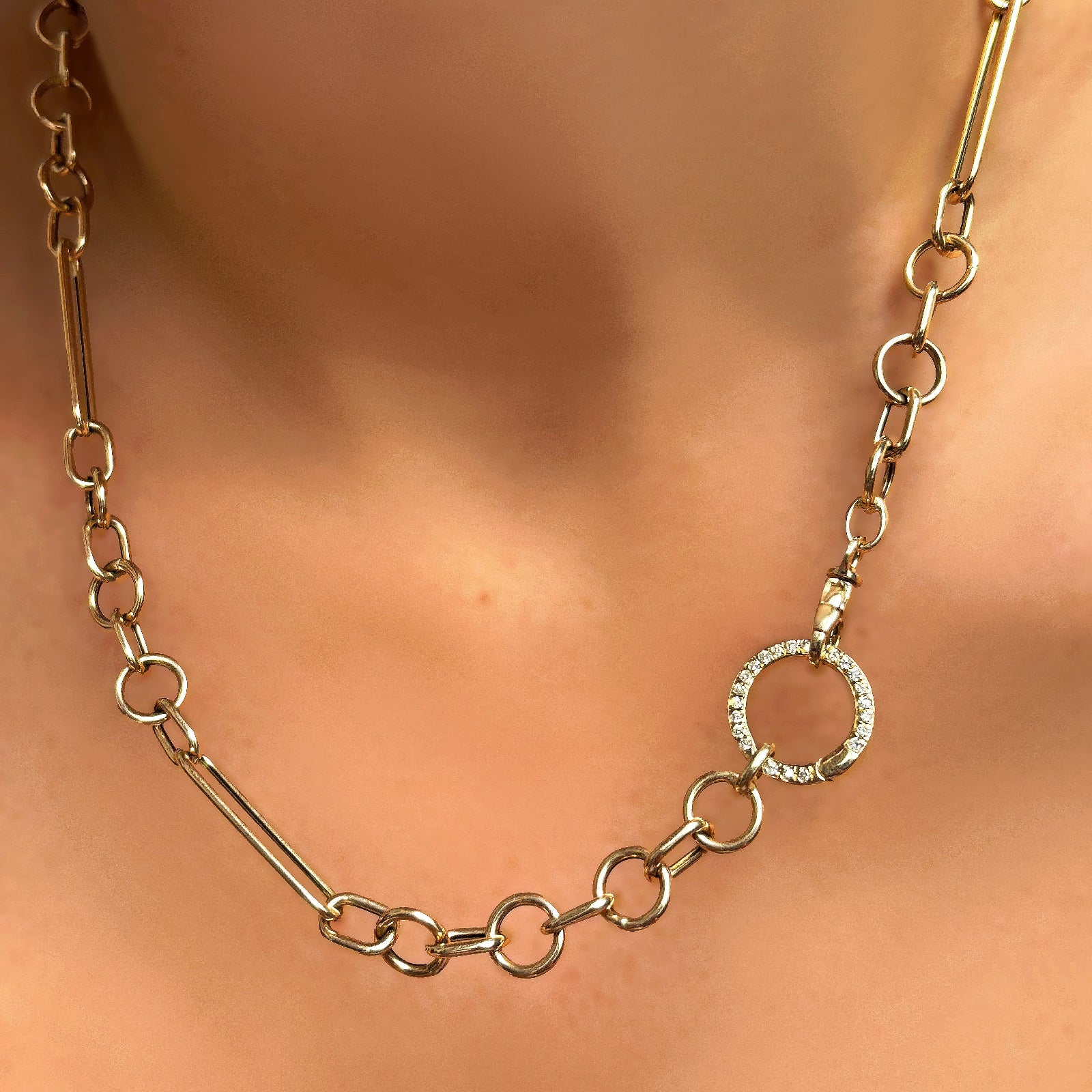 8mm Irregular Cable Chain Necklace with Round Pave Face Charm Lock on a model's neck.