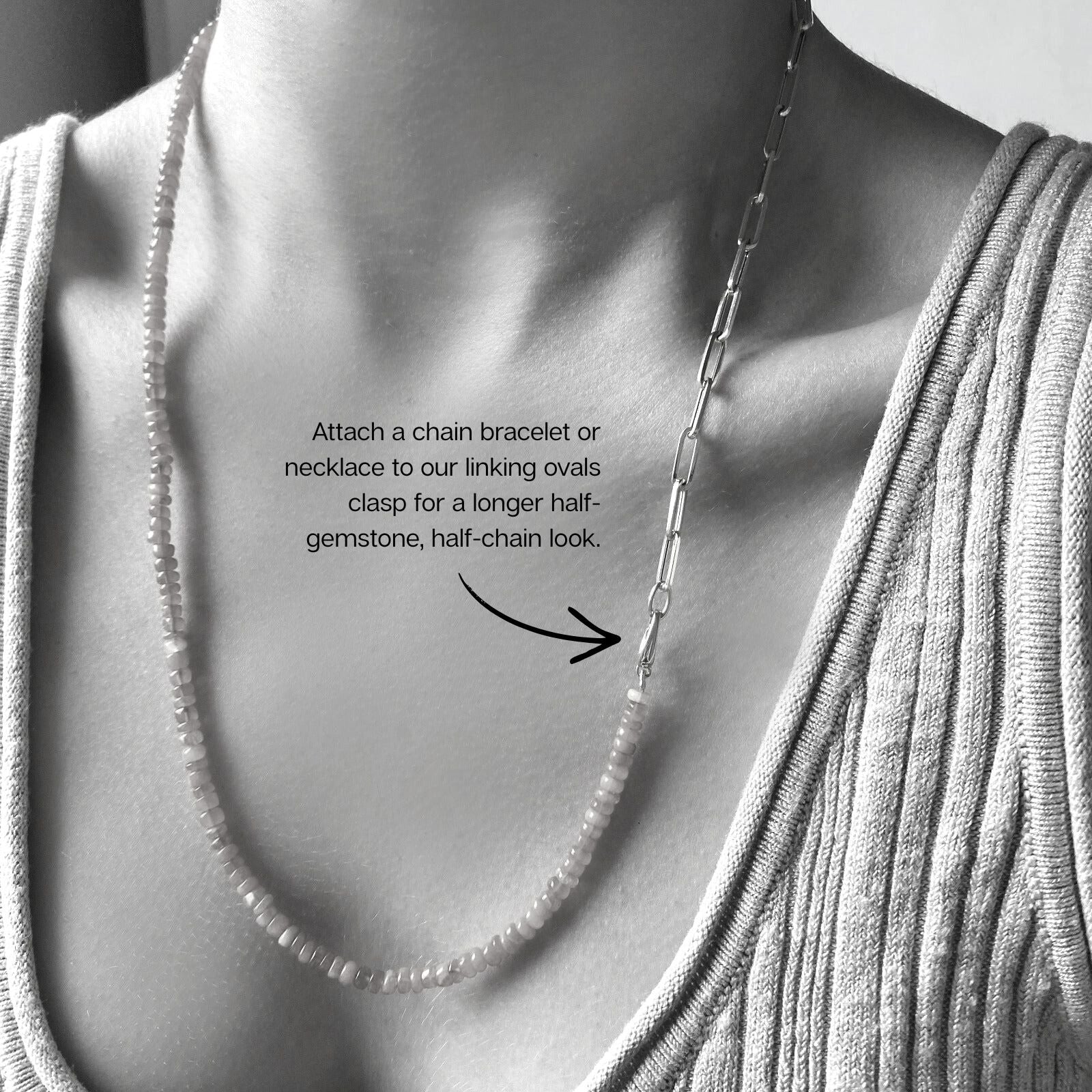 Evolution clasp necklace paired with a chunky chain bracelet to create a part gemstone, part chain link necklace.