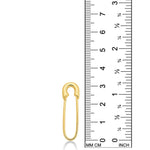 Recycled 14k yellow gold molten safety pin charm lock on a white background next to a ruler showing its height of 32mm.