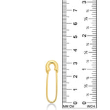 Recycled 14k yellow gold molten safety pin charm lock on a white background next to a ruler showing its height of 32mm.