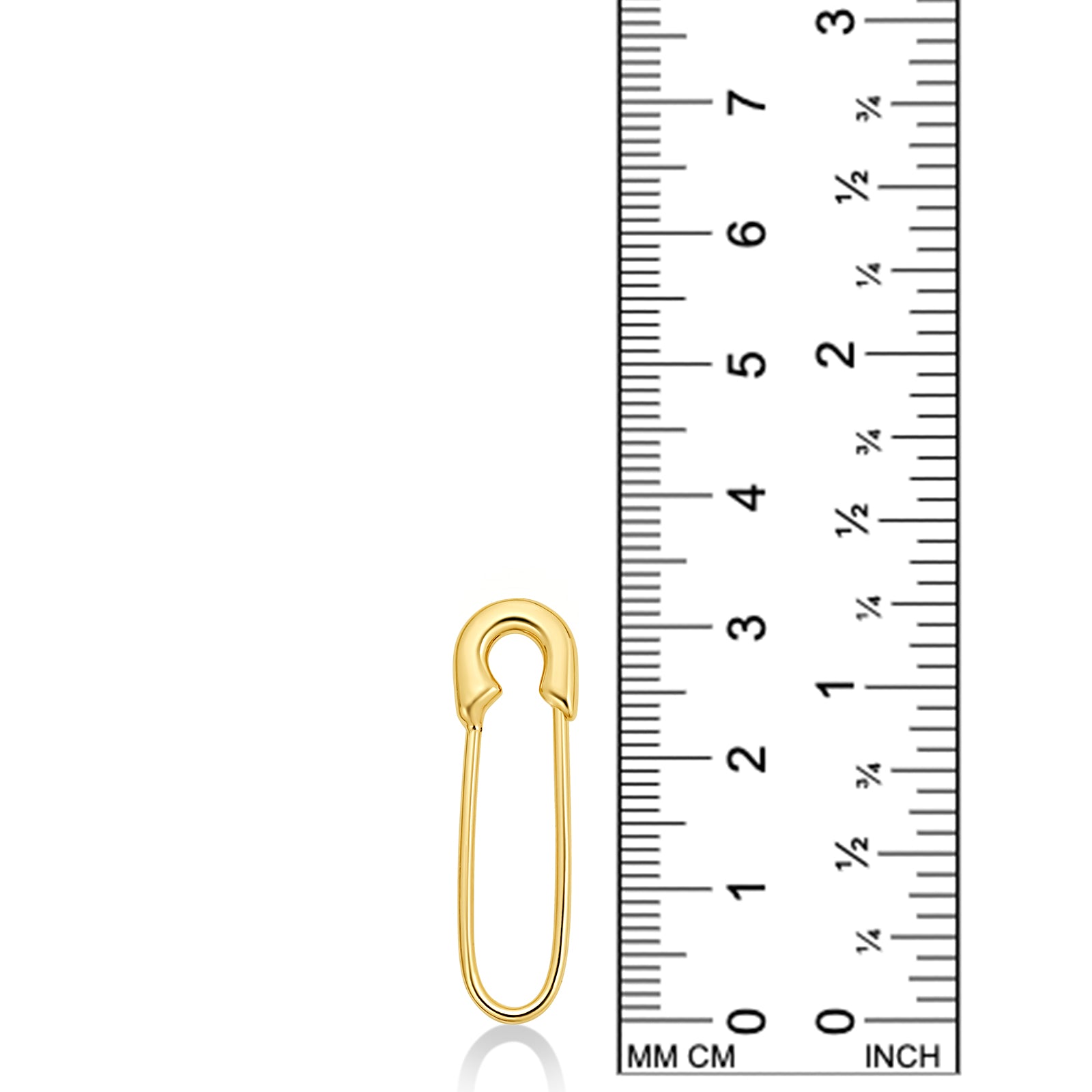 Recycled 14k yellow gold molten safety pin charm lock on a white background next to a ruler showing its height of 32mm.