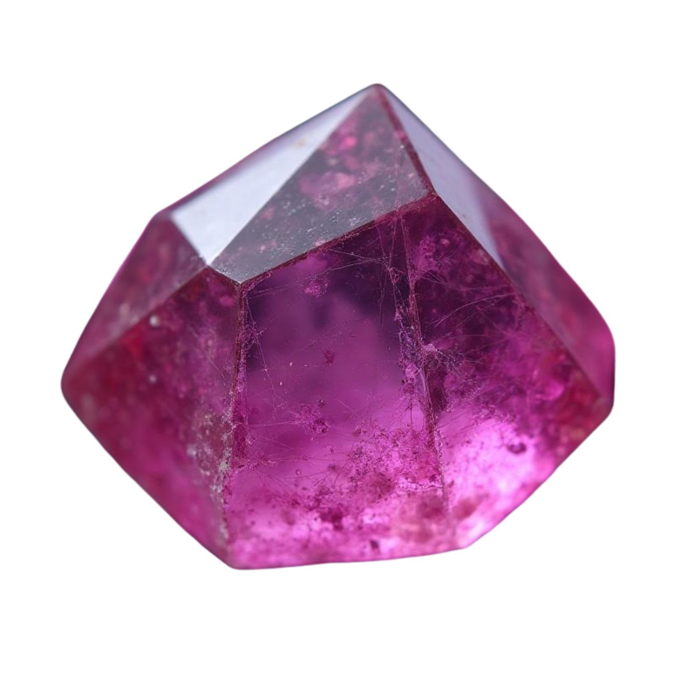 A faceted pink gemstone with a geometric, multi-sided shape, showing natural internal inclusions and a translucent texture, isolated on a white background.