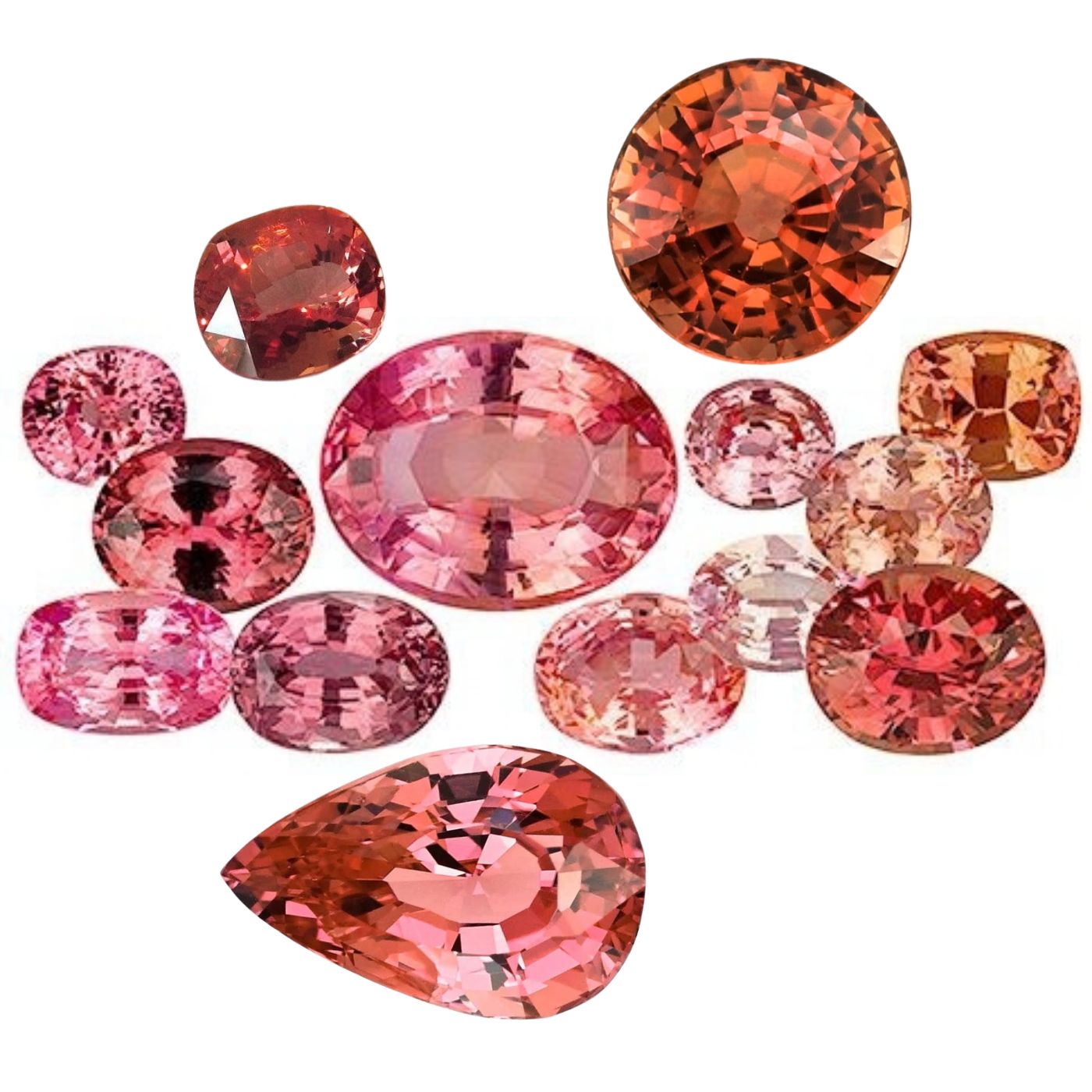 A collection of faceted orange padparadscha sapphire gemstones in different cuts, shown against a plain white background.