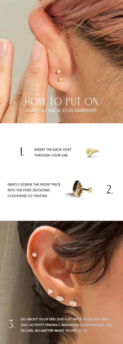 Instructional infographic showing how to put on flat back stud earrings, with three numbered steps and close-up photos of an ear receiving the earrings.