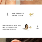 Instructional infographic showing how to put on flat back stud earrings, with three numbered steps and close-up photos of an ear receiving the earrings.