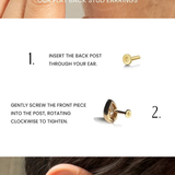 Instructional infographic showing how to put on flat back stud earrings, with three numbered steps and close-up photos of an ear receiving the earrings.