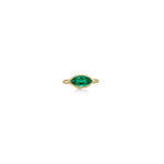 A 14K yellow gold marquise ring, with a bezel set faceted emerald gemstone, sits on a white background with drop shadow.