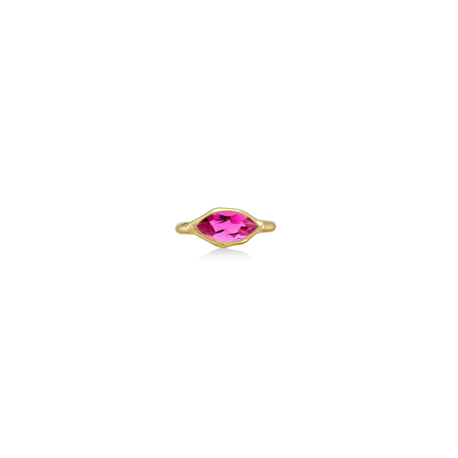 A 14K yellow gold marquise ring, with a bezel set faceted pink topaz gemstone, sits on a white background with drop shadow.