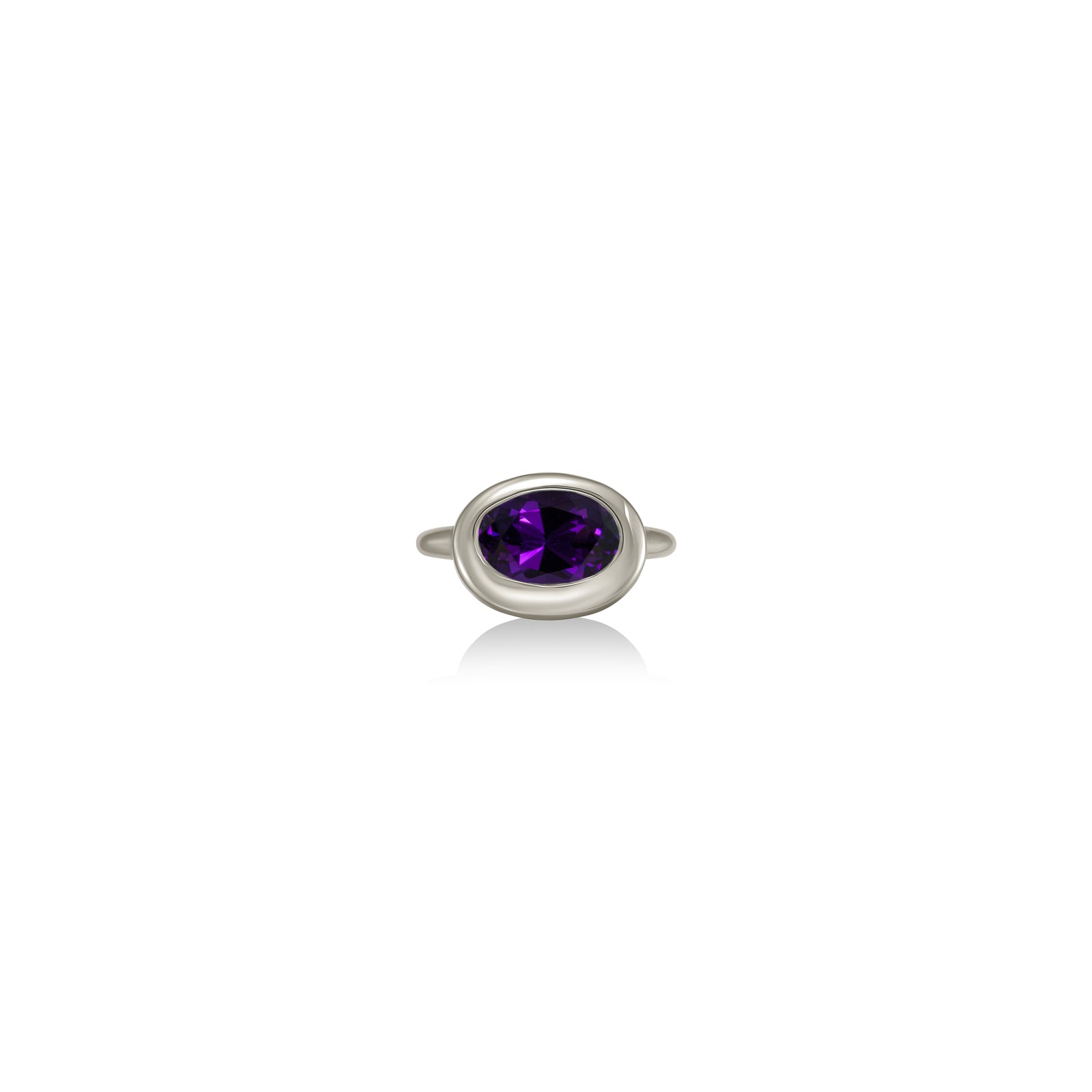A 14K white gold oval ring, with a bezel set faceted amethyst gemstone, sits on a white background with drop shadow.