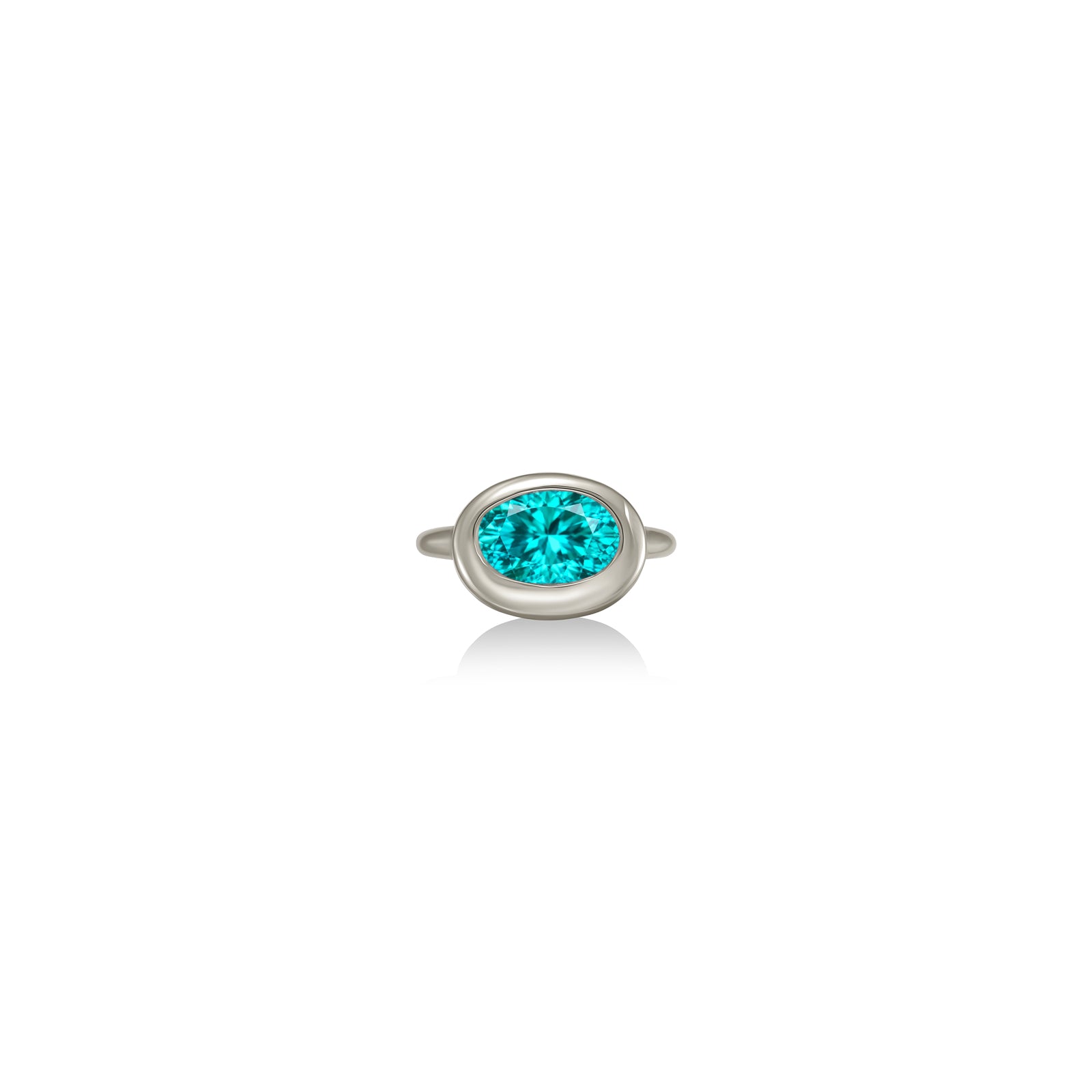 A 14K white gold oval ring, with a bezel set faceted paraiba tourmaline gemstone, sits on a white background with drop shadow.
